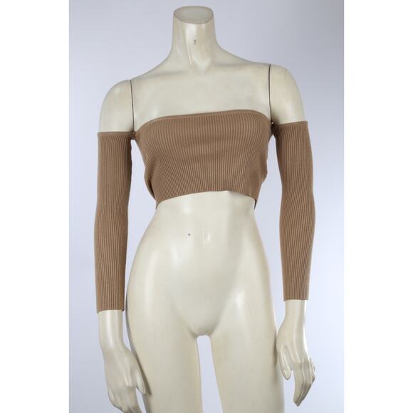 Meshki Brown Off Shoulder Ribbed Cropped Top Women’s Size XS Stretch Knit Cute - Picture 2 of 13